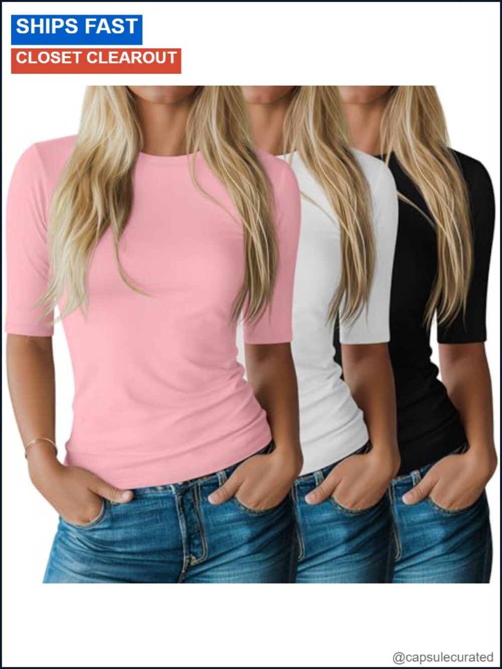 3 Pack Women's Slim Fit Half Sleeve Crewneck Cotton Blend Tees